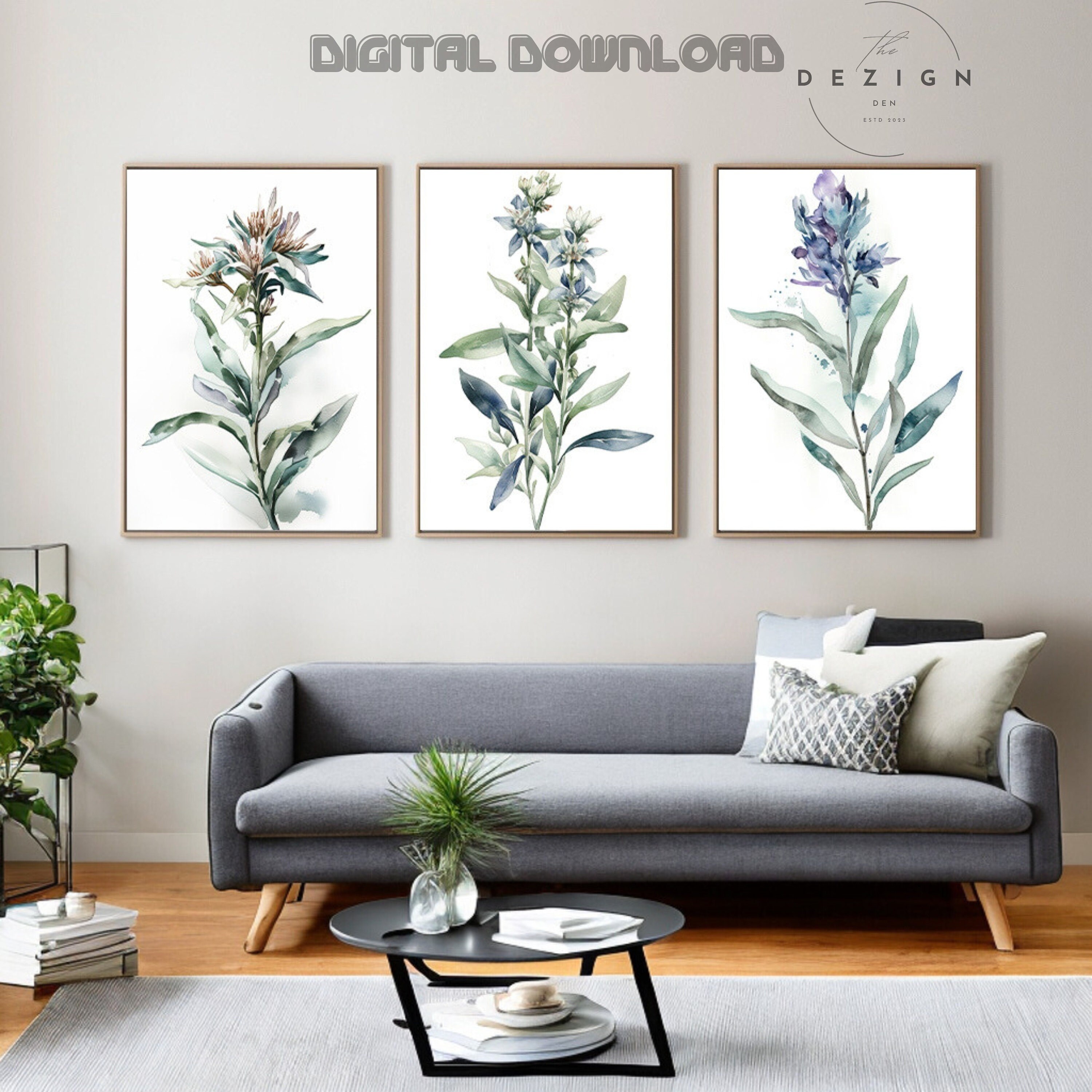 Conjunto de impresión botánica de acuarela de 3, arte imprimible de flores silvestres de salvia, arte de línea floral de arte de flores silvestres, arte de decoración de hogar de granja moderna