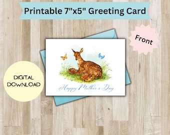 Mother's Day Greeting Card, Watercolor Animal Print, Adorable Card, Cute Mother Deer and Babies