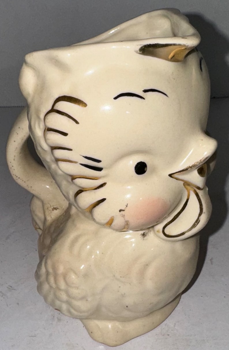 Vintage Shawnee Pottery Pitcher Owl Chicken Bird Cream Pink 22 K Gold