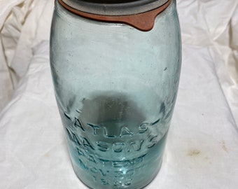 Vintage Atlas Mason’s Jar PATENT NOV 30th 1858 half gallon blue aqua jar with zinc lid