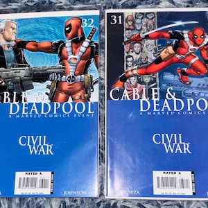 May include: Two comic books featuring Cable and Deadpool. The covers have a blue background with the words "Cable & Deadpool" and "Civil War". One cover shows Cable and Deadpool, the other shows Deadpool in action.