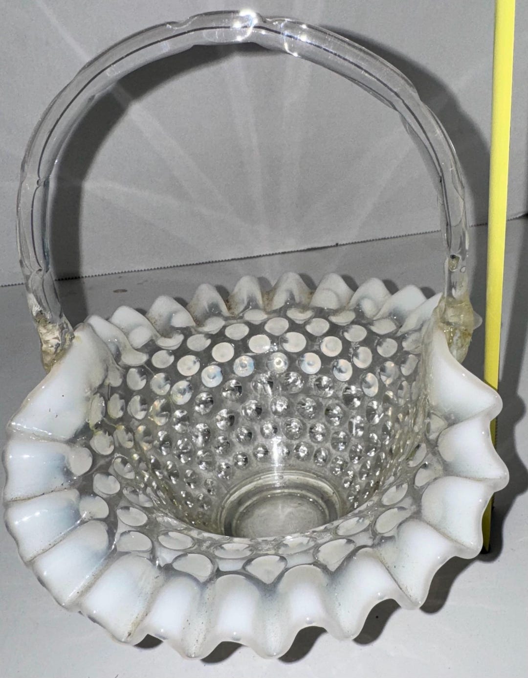 1940s Fenton French White Opalescent Hobnail Handled Basket Collectible ...