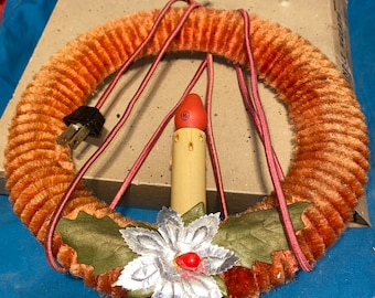 vintage ELECTRIC CANDLE Wreath made by clemco inc Wrapped red chenille wreath / vintage , 7.75 inch coral Christmas holiday decoration Mazda