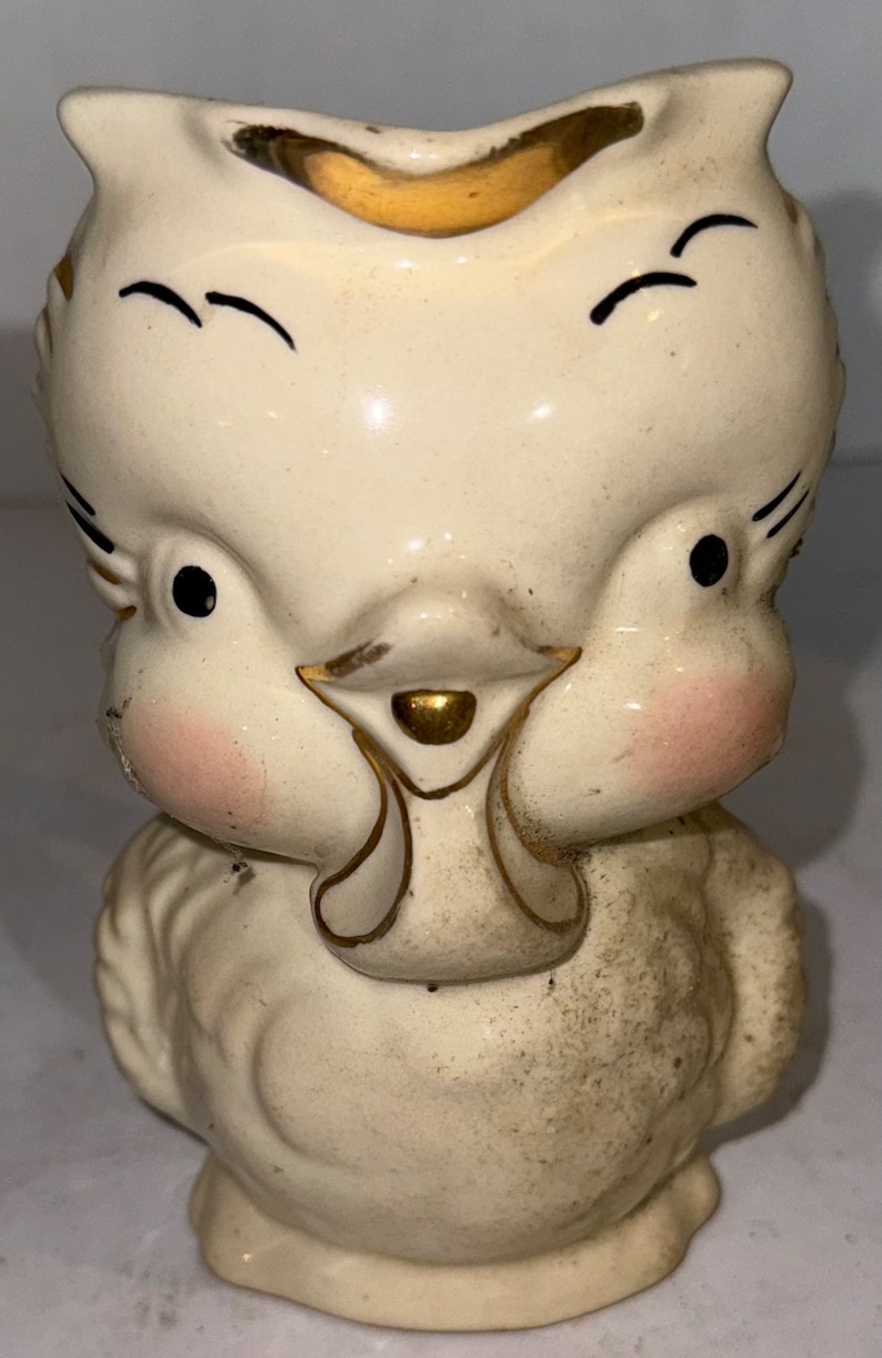 Vintage Shawnee Pottery Pitcher Owl Chicken Bird Cream Pink 22 K Gold
