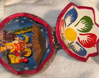 vintage Peruvian Nativity Scene hand Carved Peru Folk Art Gourd Christmas Hand Painted