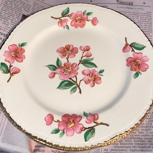 May include: A white ceramic plate with a gold rim features a floral design of pink blossoms and green leaves. The plate has a scalloped edge.