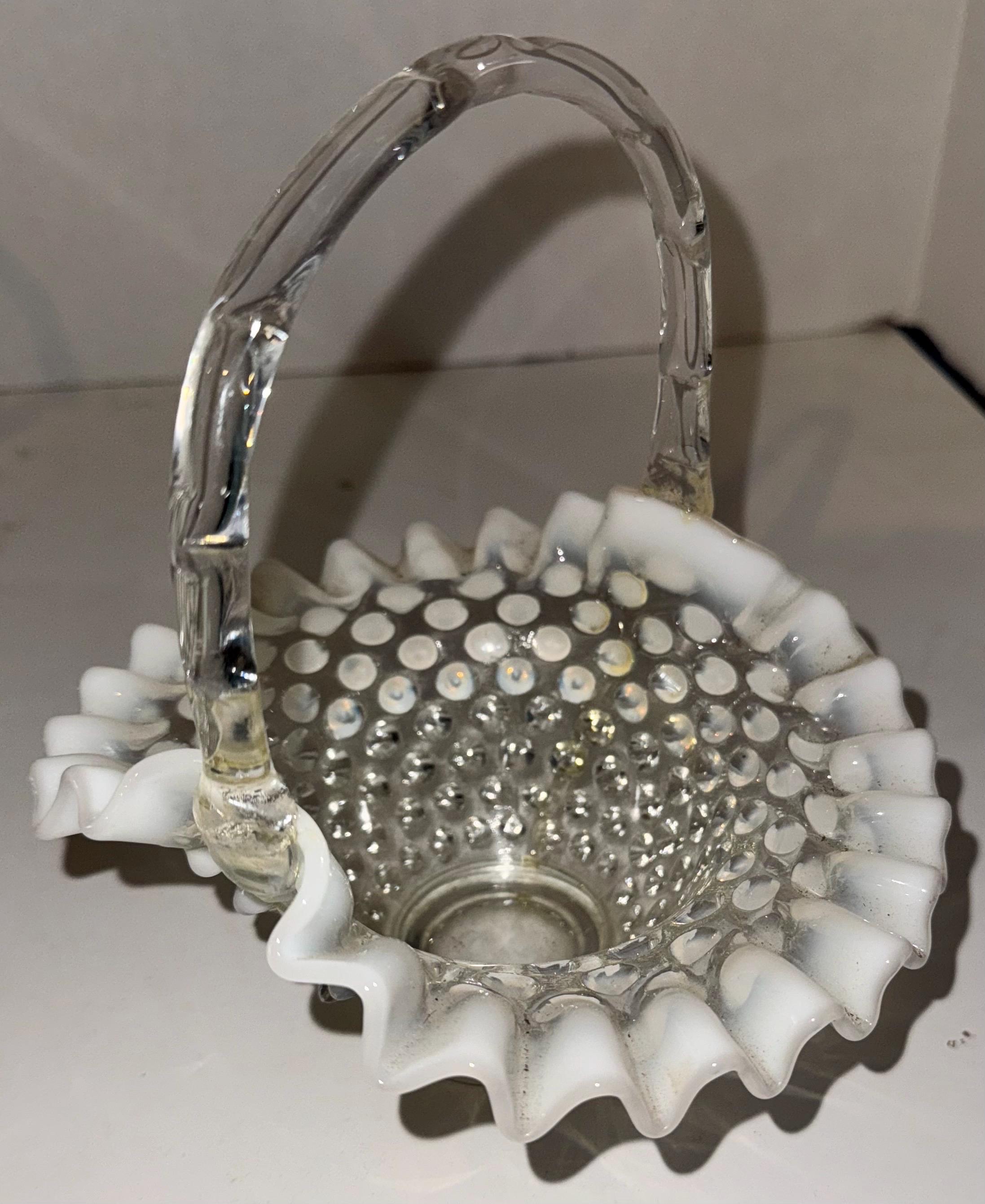 1940s Fenton French White Opalescent Hobnail Handled Basket Collectible ...