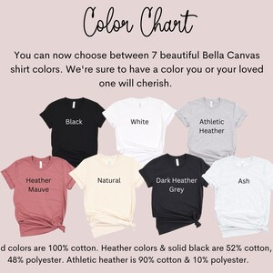 May include: Color chart showing seven Bella Canvas t-shirt colors: black, white, athletic heather, heather mauve, natural, dark heather grey, and ash. Solid colors are 100% cotton. Heather colors and solid black are 52% cotton, 48% polyester. Athletic heather is 90% cotton and 10% polyester.