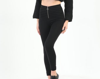 High Waisted Leggings | Black Corset Style, Silver Zip