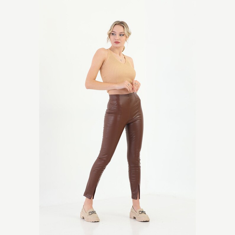 Front Slit Faux Leather Pants main image 0