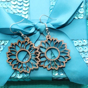 Walnut Wood Sunflower Earrings | Wooden Sunflower Earrings | Nature Inspired Jewelry | Sunflower Jewelry
