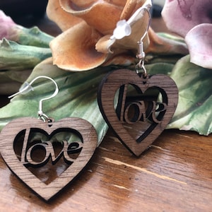 Love Heart Wood Earrings | Walnut Love heart Earrings | Romantic jewelry | Handmade Wooden Earrings | Romantic Gift | Anniversary Gift