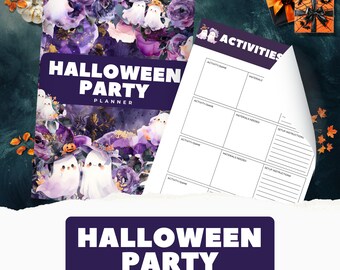 May include: A printable Halloween party planner with a purple and black cover featuring a watercolor illustration of ghosts and flowers. The planner includes a section for activities, materials needed, and setup instructions.