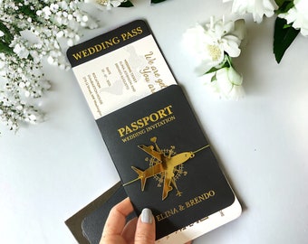 Passport Wedding Invitation, Wedding Invitation, Gold Foil, Gold Foil Passport Stylish tear off rsvp card For Wedding card