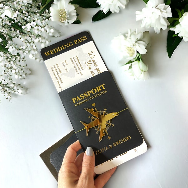 Passport Wedding Invitation, Wedding Invitation, Gold Foil, Gold Foil Passport Stylish tear off rsvp card For Wedding card