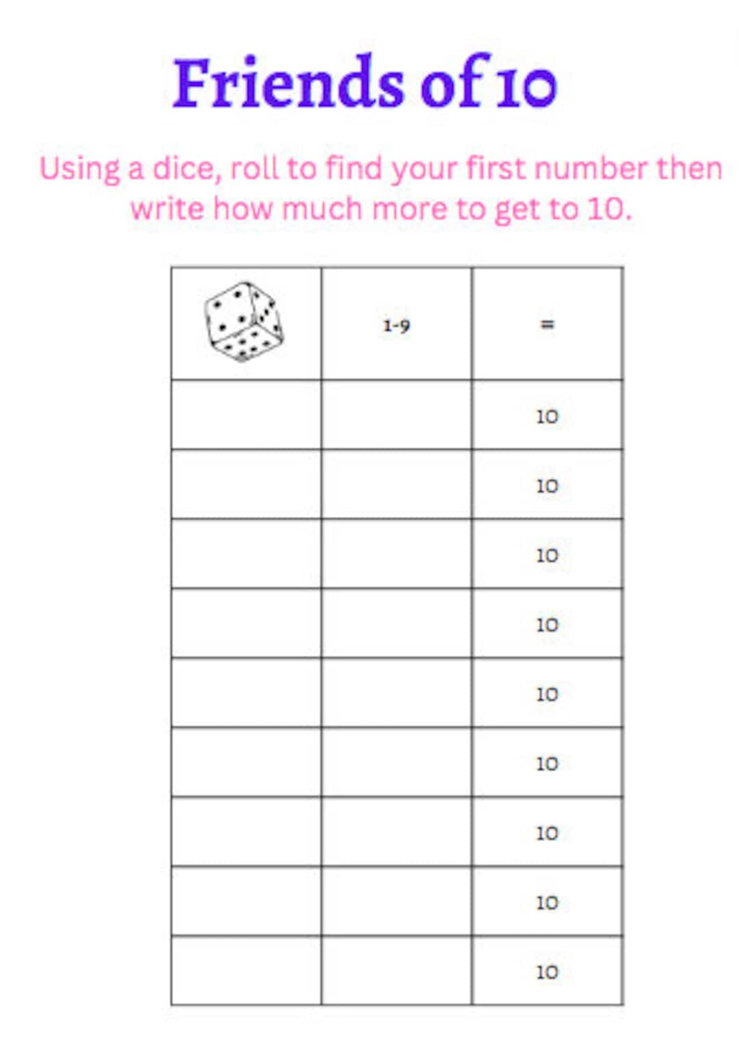 Friends of 10 Worksheets Etsy
