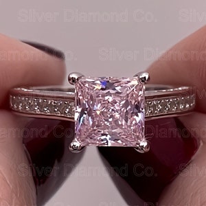 1.5ct Pink Princess Cut Engagement Ring Halo Wedding Ring  Created Pink Diamond Ring Sterling Silver Promise Ring Anniversary  Gift for h