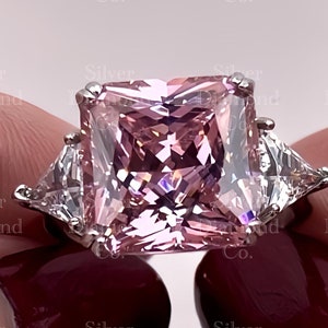 8 Carat Princess Created Pink Diamond Three Stone Ring, Promise Ring, Anniversary Ring, Art Deco Ring, Statement Wedding Ring, Gift for her