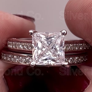 Princess Cut Created Diamond Bridal Set: Sterling Silver Engagement Ring