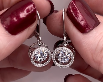 Moving Diamond Halo Dangle Earrings Round Created Diamond Drop Earrings 925 Sterling Silver Women's Bridal Unique Statement Earrings Gift