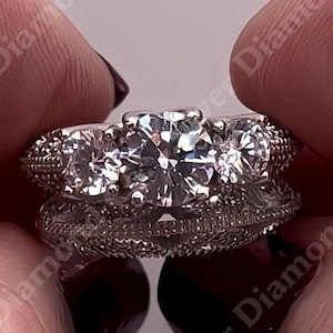 Three Stone Engagement Ring Set 2ctw Round Created Diamond Wedding Ring Set Art Deco Bridal Set Sterling Silver