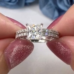 Princess Cut 1.2 Carat Moissanite Diamond Ring Set 925 Sterling Silver Wedding Ring Promise ring with Band, Engagement Ring Gift for her