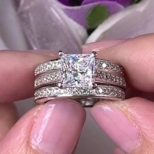 Princess Cut Sterling Silver Bridal Set: Created Created Diamond Engagement Ring