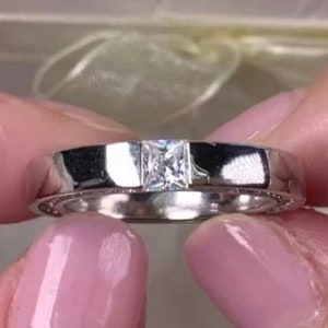 Princess Cut Created Diamond Wedding Band: Sterling Silver Hidden Halo Ring