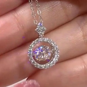 1 Carat Moissanite Diamond Necklace in Sterling Silver, Moving Moissanite Pendant Necklace, Art Deco Necklace Halo Diamond Necklace Gift
