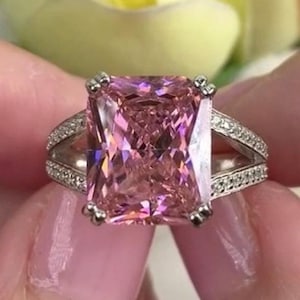 Large Pink Diamond Ring, Emerald Cut Lab Created Pink Diamond Engagement Ring, Cocktail Statement Ring, Anniversary Gift, Fancy Diamond Ring