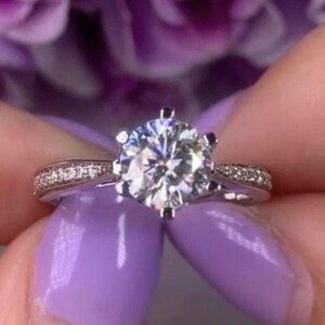 1.5 Ct Round cut Moissanite Diamond Ring with Accents in Sterling Silver Moissanite Anniversary Wedding Engagement Ring Promise Ring Gift