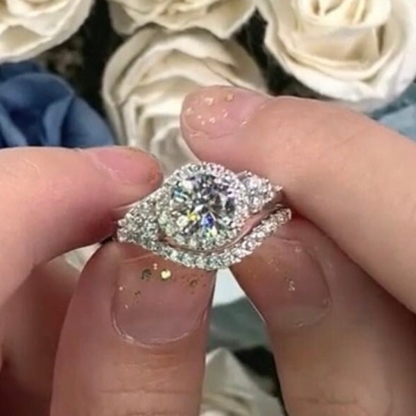 Halo Engagement Ring Set Art Deco 1 Carat Round Cut Lab Created Diamond Wedding Ring Set Bridal Ring Set Gift for her