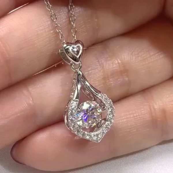 1 Carat Moissanite Dancing Diamond Necklace in Sterling Silver, Moissanite Pendant Necklace, Gift for Her