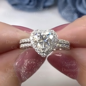1 Carat Heart Moissanite Diamond Ring Set 925 Sterling Silver Wedding Ring Promise ring with Band, Passes Diamond Tester, Boxed Gift for her
