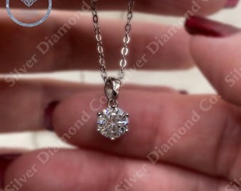 1 Carat Moissanite Solitaire Pendant Necklace: Sterling Silver Handmade Jewelry