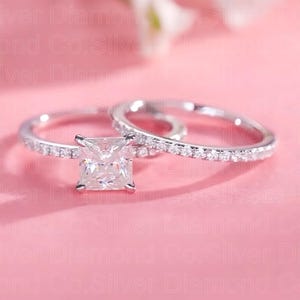 Princess Cut 1.2 Carat Moissanite Ring Set 925 Sterling Silver Wedding Ring Promise ring with Band, Engagement Ring Gift for her