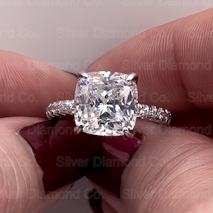 5 Carat Cushion Cut Created Diamond Ring: Sterling Silver Engagement Jewelry