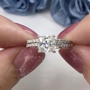 Princess Cut 1.2 Carat Moissanite Diamond Ring Set 925 Sterling Silver Wedding Ring Promise ring with Band, Engagement Ring Gift for her