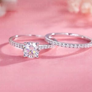 1 Carat Round Created Diamond Engagement Ring Set, Art Deco Wedding Ring Set, Bridal Ring Set, Matching Diamond Wedding Band, Gift for her