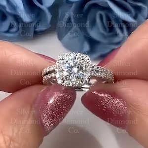 Cushion Cut 1 Carat Moissanite Diamond Ring Set 925 Sterling Silver Wedding Ring Promise ring with Band- Gift Boxed
