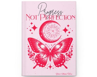 Diario personalizado de tapa dura con diseño de mariposa: Progreso, no perfección, regalo inspirador, cuaderno de autocuidado, diario motivacional, diario