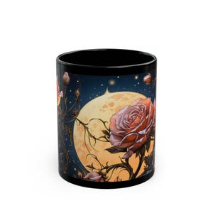 Celestial Rose Black Mug: Floral Coffee Cup, Art Lover&#39;s Drinkware