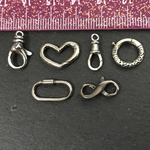 Sterling Silver Oxidized Hinged Push Clasp, Interchangeable Charm Hinged Connector, Carabiner, Infinite Clasp, Swivel Clasp, Heart Clasp