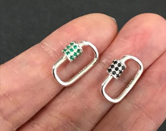 Sterling Silver CZ Paved Carabiner: Emerald/Sapphire Accent (14.5x9.3mm)