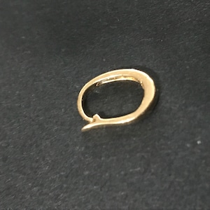 Puede incluir: Un pendiente de color dorado con un dise&ntilde;o ovalado simple. El pendiente tiene un peque&ntilde;o gancho curvado para sujetarlo a la oreja. La joya est&aacute; colocada sobre un fondo oscuro.