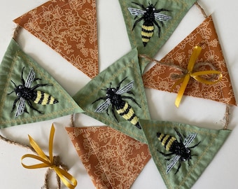 Hand Embroidered Bee Floral Fabric Garland