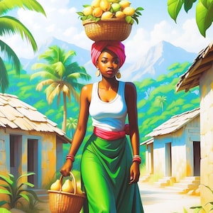 Framed Tropical Village Print Wall Art: Tropical Kitchen Decor (20x30)