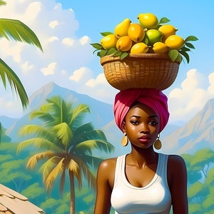 Haitianerin trägt Obstkorb: Sofortiger digitaler Download, digitale Illustration