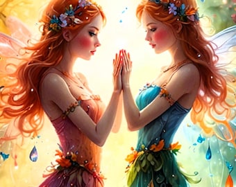 Twin Fairy Art Printable, Fantasy Fairy Wall Art, Magical Woodland Fairies, Enchanted Forest Decor, Whimsical Fairy Download