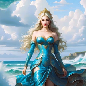 Puede incluir: Una mujer con un vestido azul con detalles dorados se encuentra en una playa con grandes olas rompiendo detrás de ella. Lleva una corona y tiene el pelo largo y rubio.